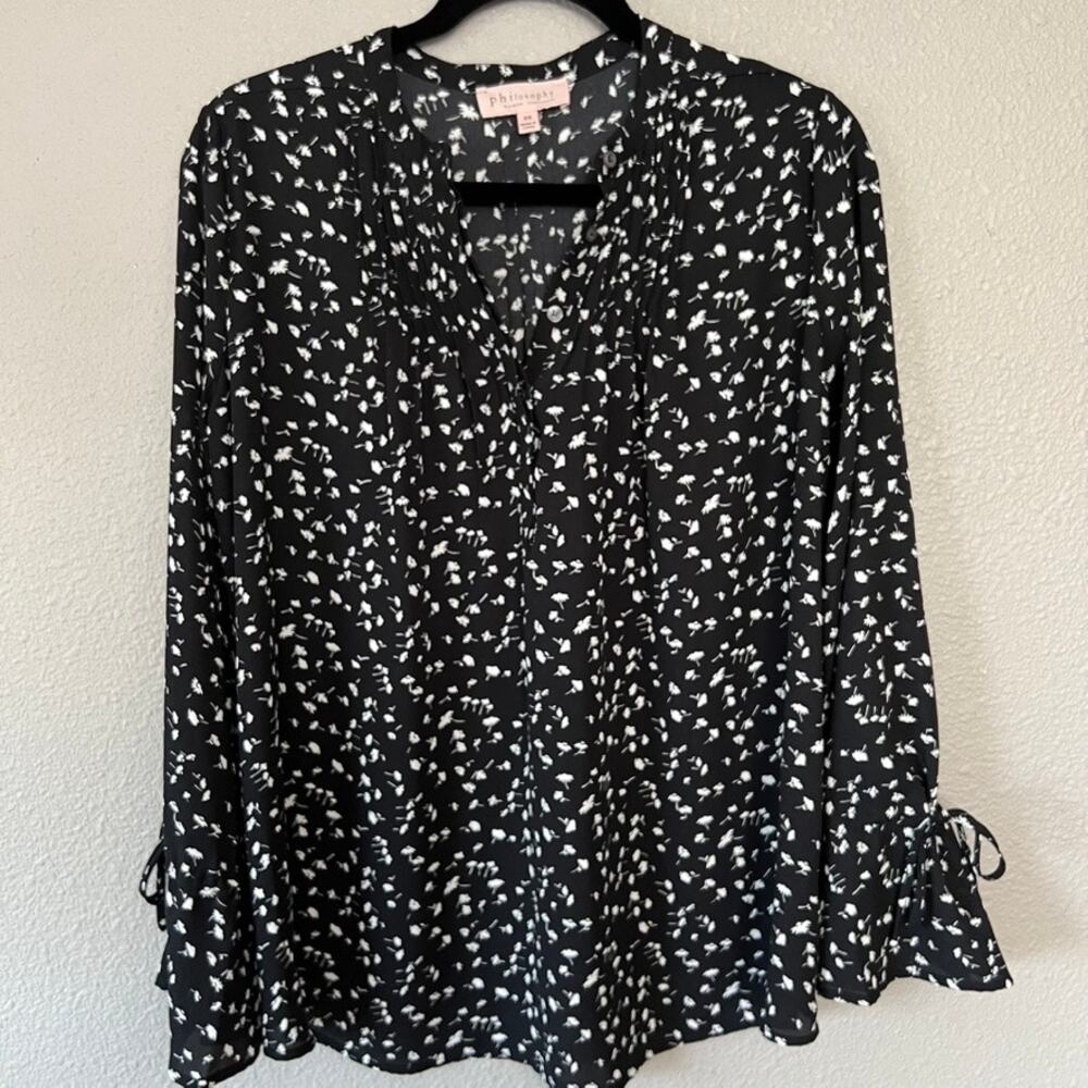 Philosophy Woman Black White Floral Bell Cinch Sleeve Long Sleeve Blouse XS